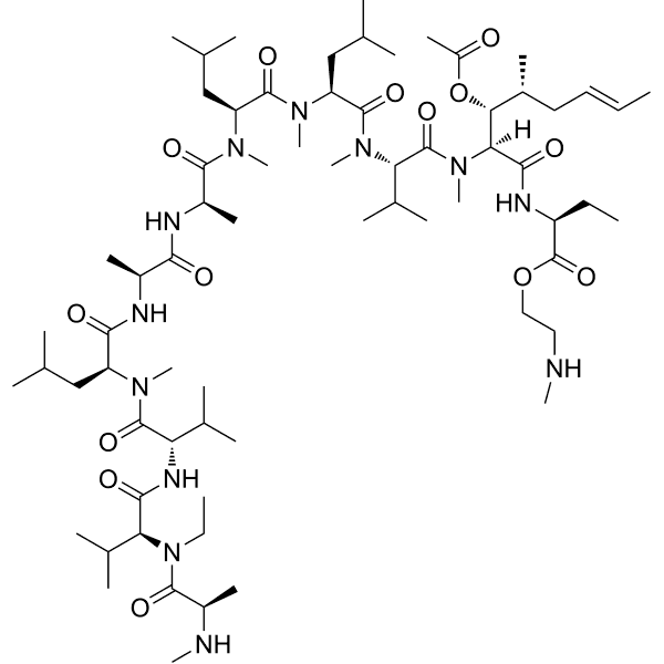 H-D-MeAla-EtVaI-VaI-MeLeu-AIa-D-AIa-MeLeu-MeLeu-MeVaI-MeBmt(OAc)-Abu-O-CH2-CH2-NHMe Structure