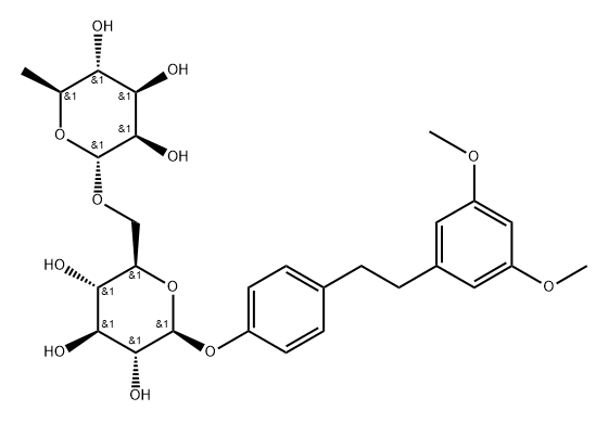 1-(3',5'-dimethoxy)phenyl-2-[4''-O-beta-D-glucopyranosyl (6->1)-O-alpha-L-rhamnopyranosyl]phenylethane Structure